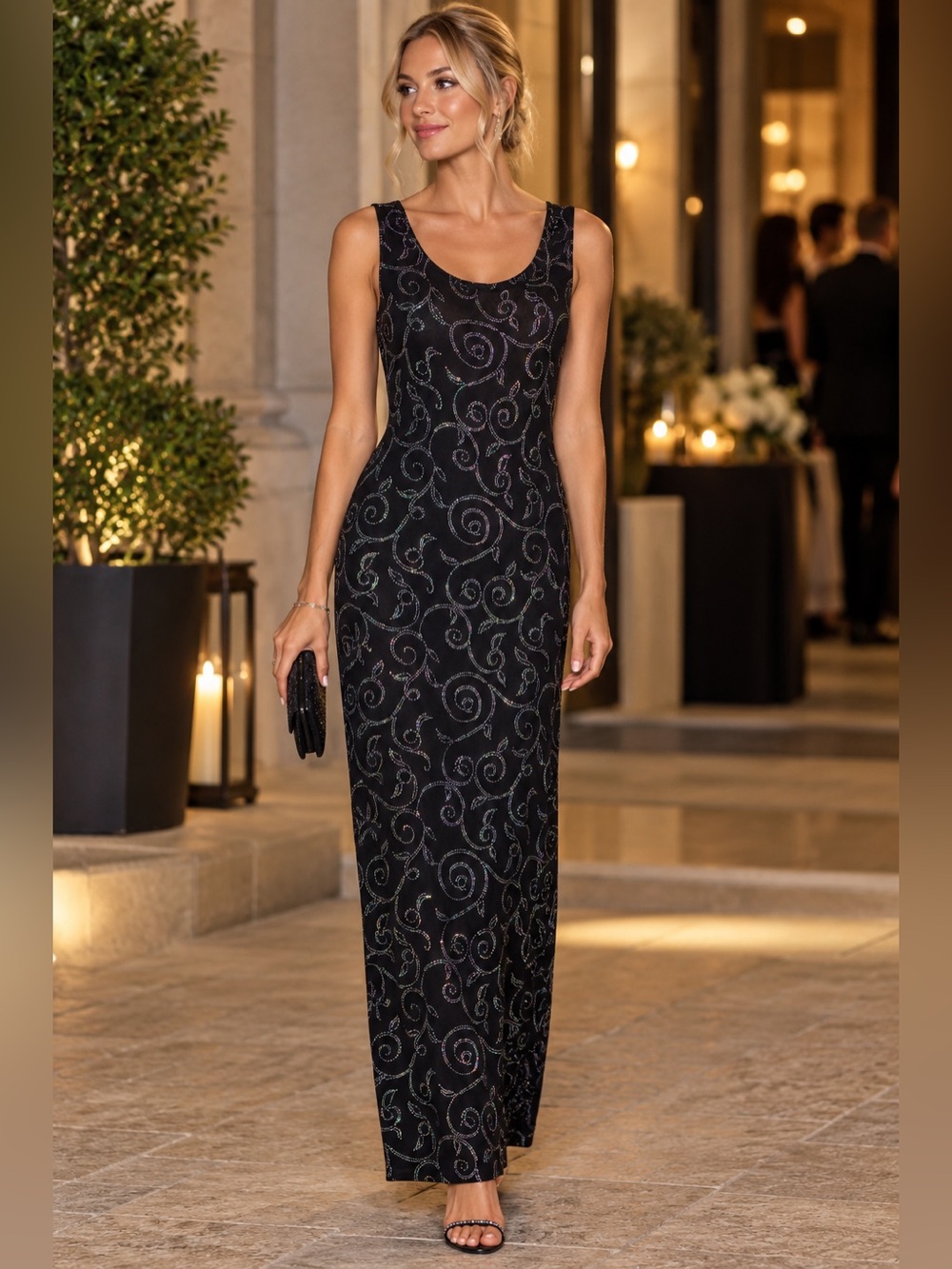 Elegant Black Iridescent Swirl Evening Gown